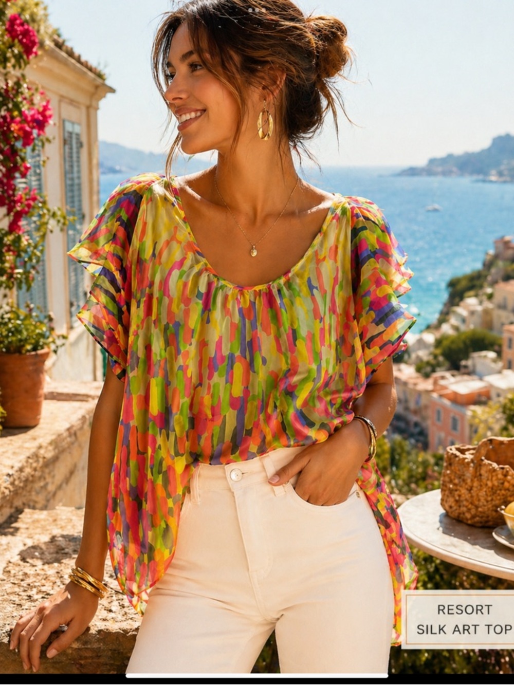 Collective Clothing 100% Silk Wearable Art Ruffle Sleeve Blouse M